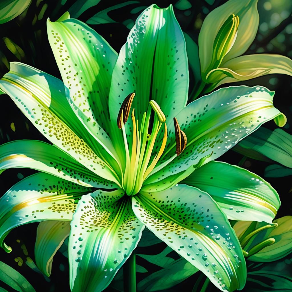 Green Lily Blossom in Mystical Forest Illustration