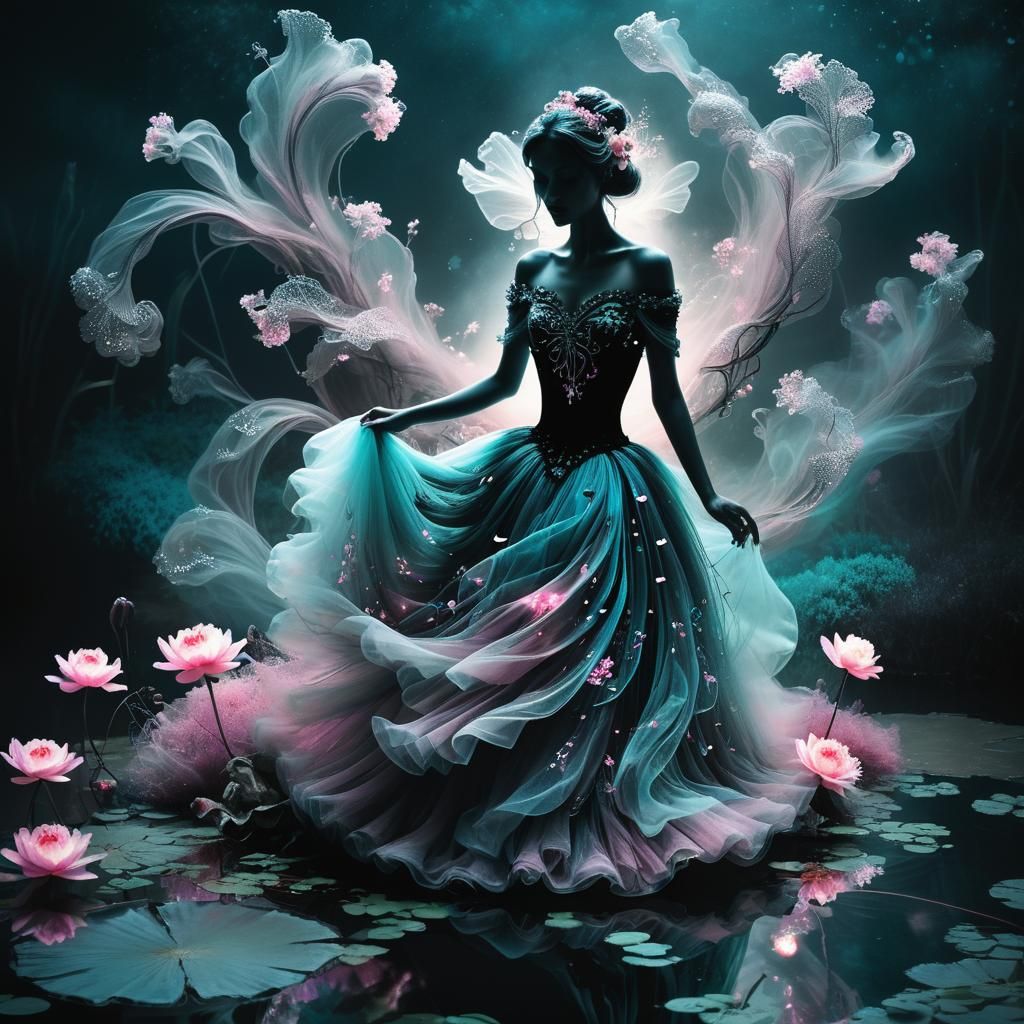 Ethereal Tulle Sculpture in a Dark Pond