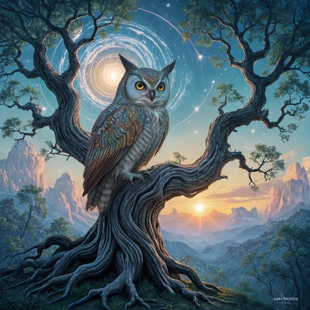 Majestic Owl Merging with Cosmic Galaxies in Oil Painting St...