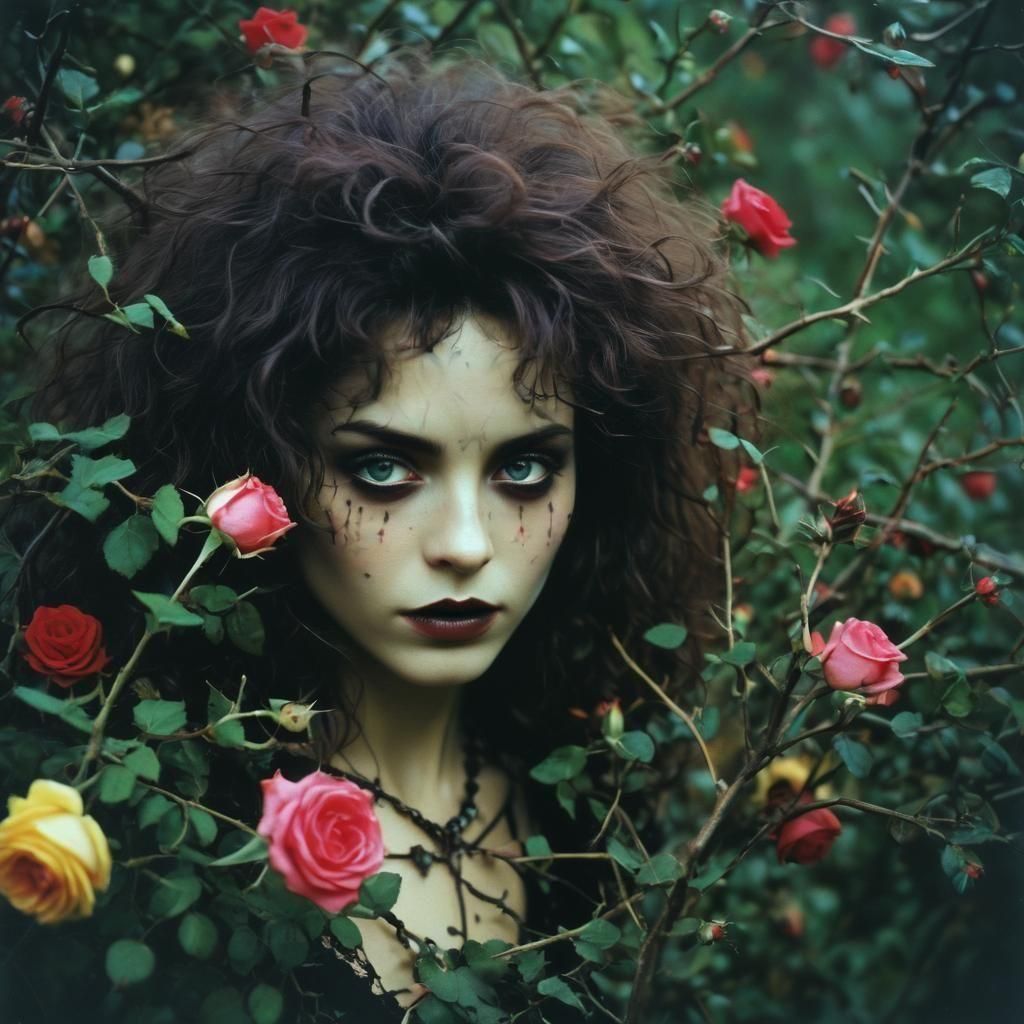Psychedelic Goth Vampire in Rose Thorns, Polaroid Style