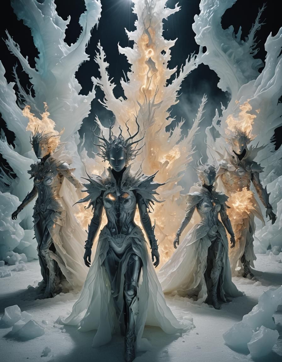 Assemblage Couture: Fiery Ice Battle in Shadows