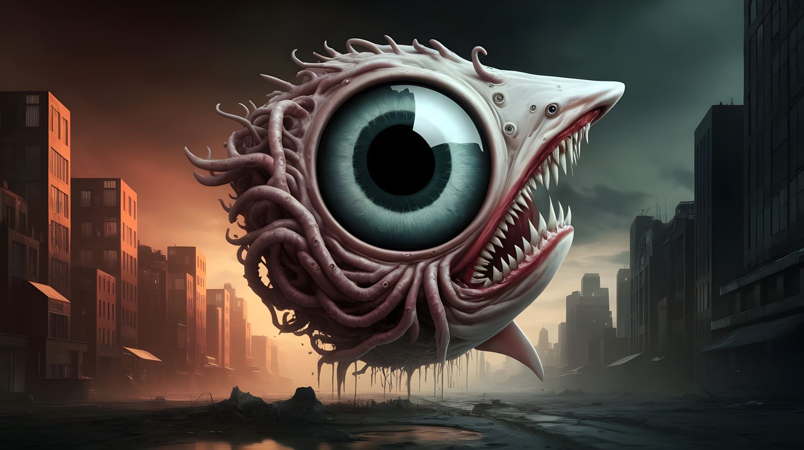 Surreal Cityscape Confronted by a Monstrous Human Eyeball