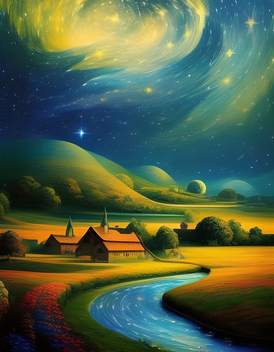 Medieval Village Under Stars in Pointillism Style