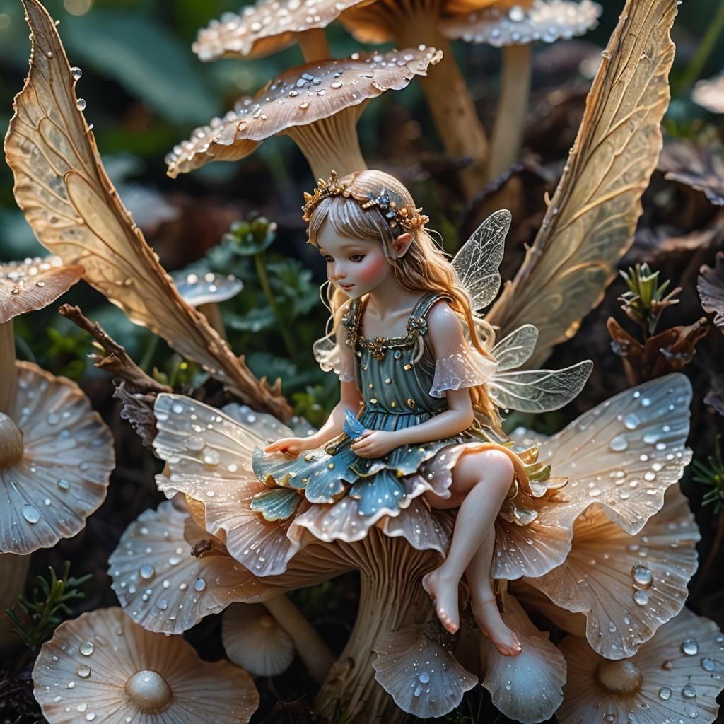 Macro photography of a tiny fairy sitting on a mushroom. Dew...