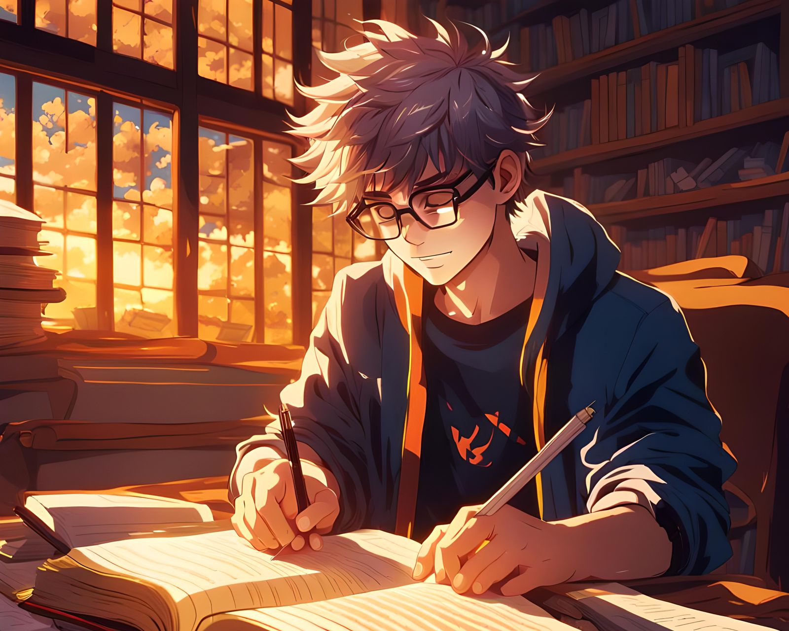 Anime Boy Studying in Sunlight, Cel-Shaded Manga Style