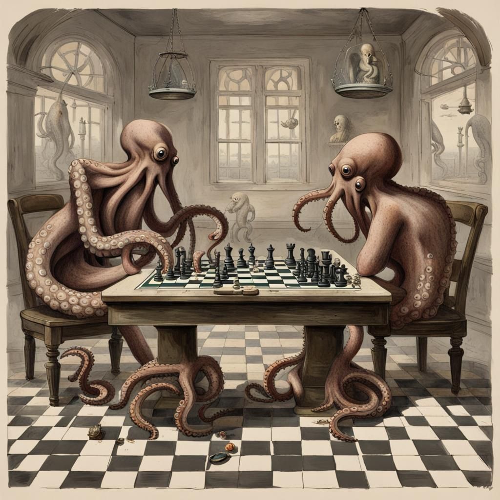 Octopuses Playing Chess Beside Shipwreck