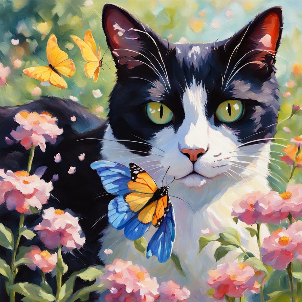 Tuxedo Cat and Butterfly: Impressionist Garden Scene