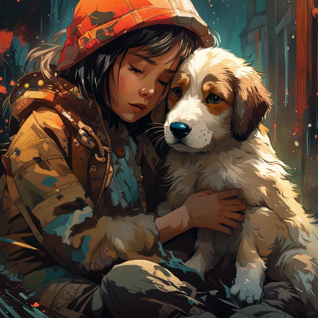 Lonely Girl Hugging Puppy: Detailed Digital Art
