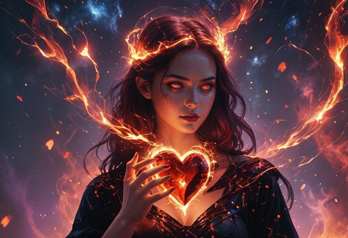Young Woman with Fractured Heart in Cosmic Illustration