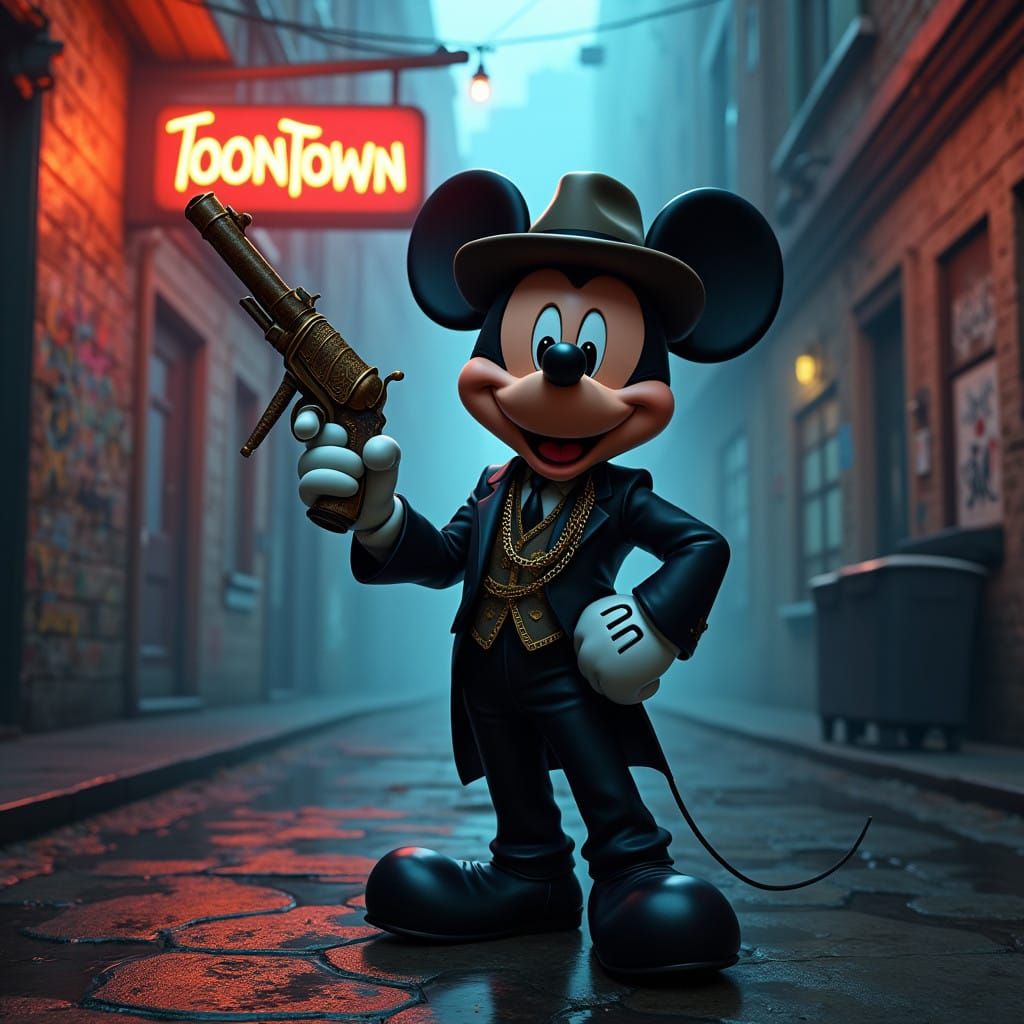 Mickey Mouse Gangster in Dark Alley, Inspired by Cyberpunk A...