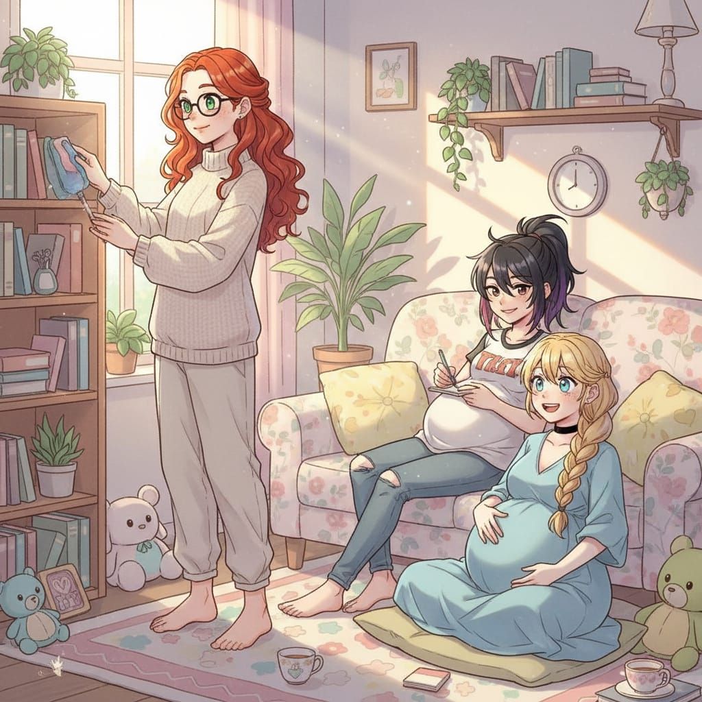 Omori Style Illustration: Woman Cares for Pregnant Wives