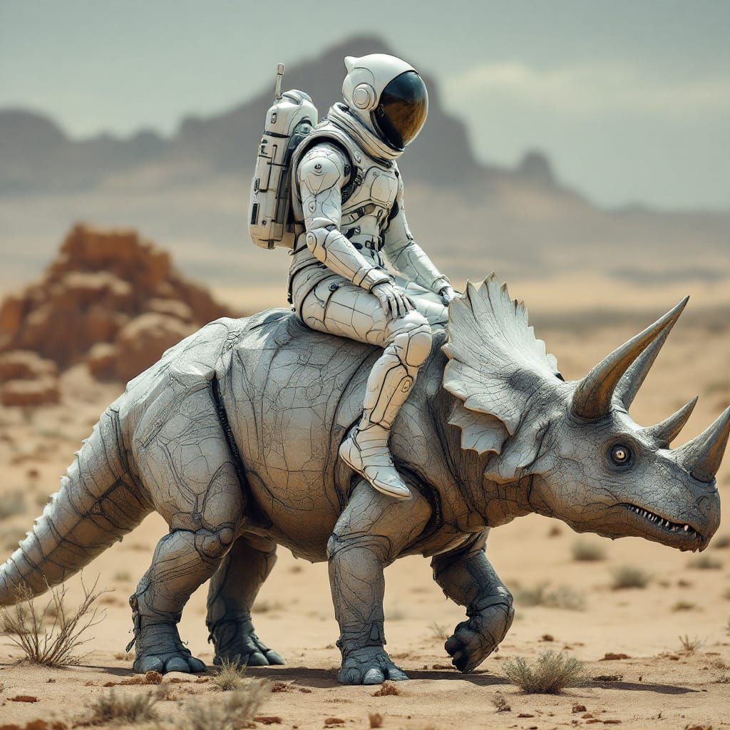 African Man in Futuristic Suit Rides Triceratops Through Des...