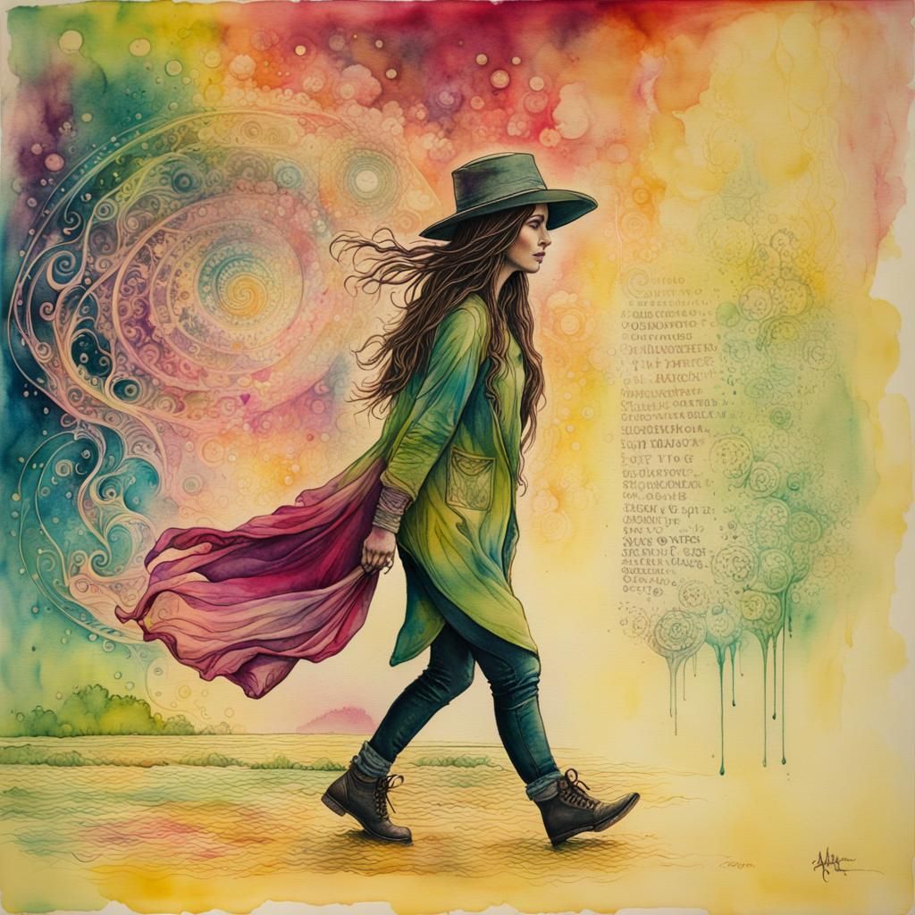 Woman Walking in Surreal Liquid Ink Universe