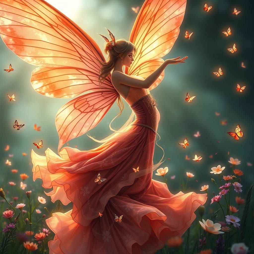 Dancing Fairy in Velvet Dress with Wings