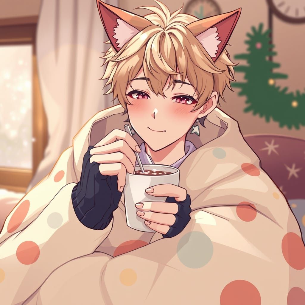Cozy Bishonen Catboy Warms Up with Rich Hot Chocolate