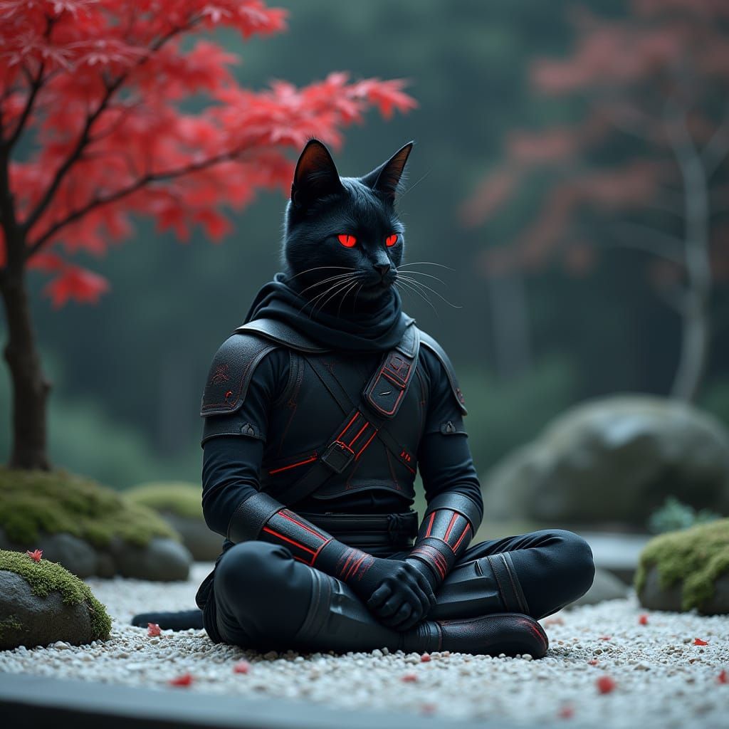 Cyberpunk Ninja Cat Meditating in Zen Garden