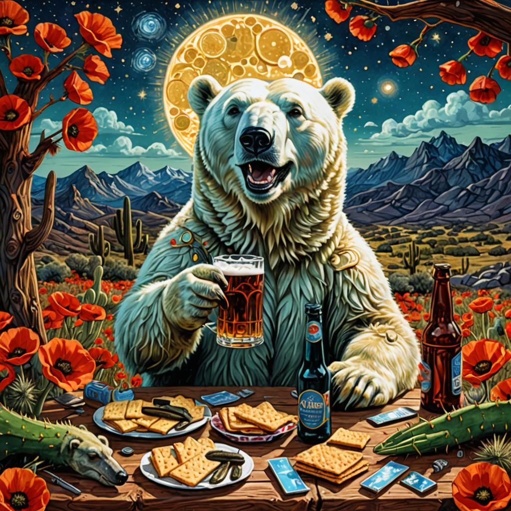 Happy polar bear Enjoying a beer with his Sardines and crackers