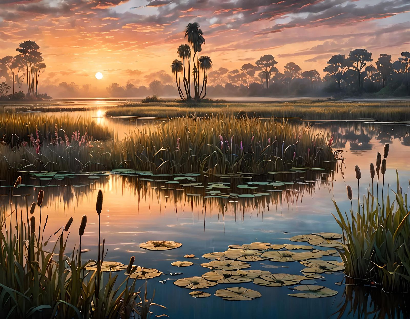 Mystical Marshland Sunrise in Mythological Oil Painting