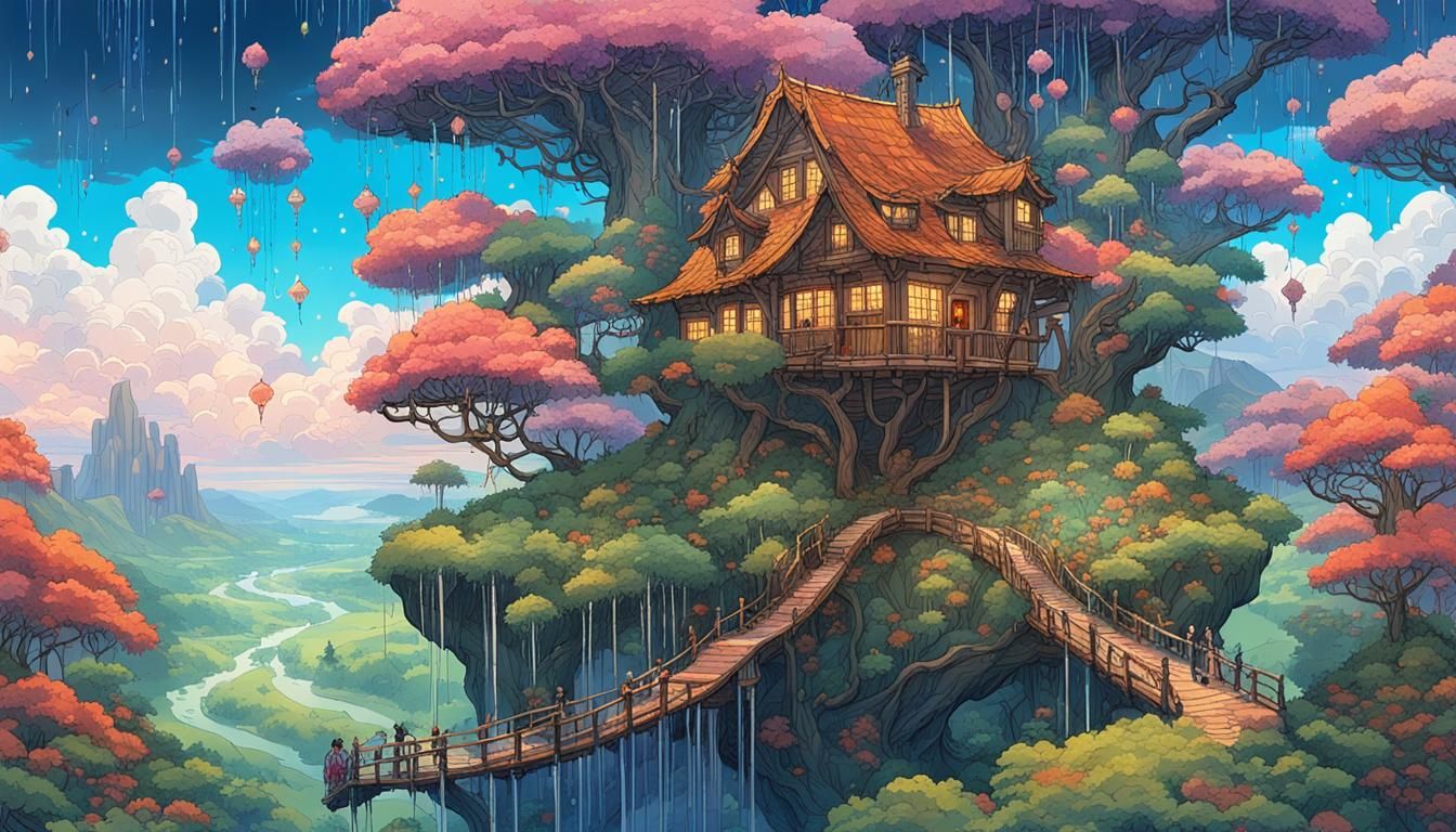 Rainy Fantasy Meadow with Whimsical Treehouse