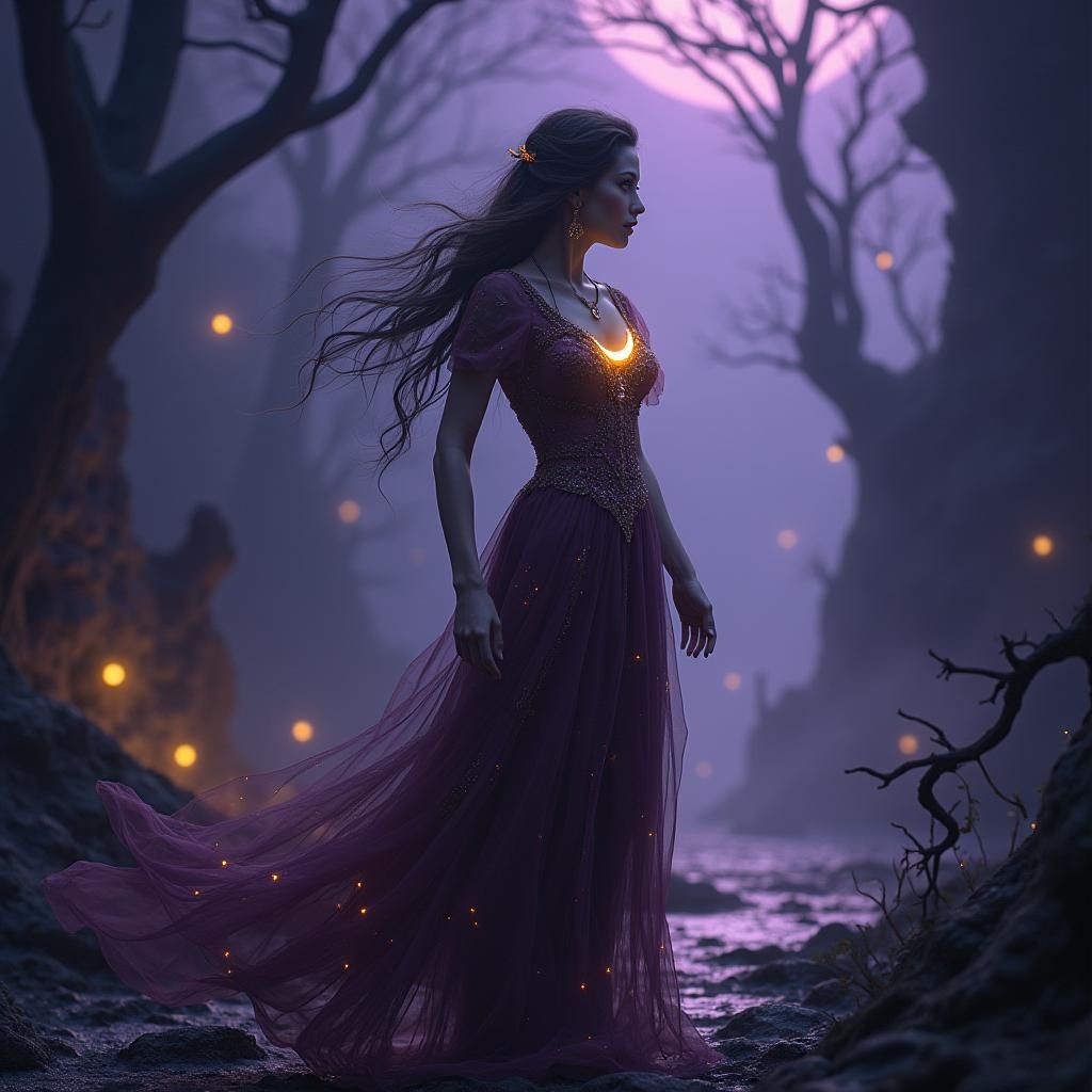 Ethereal Woman in Twilight Realm: A Digital Painting