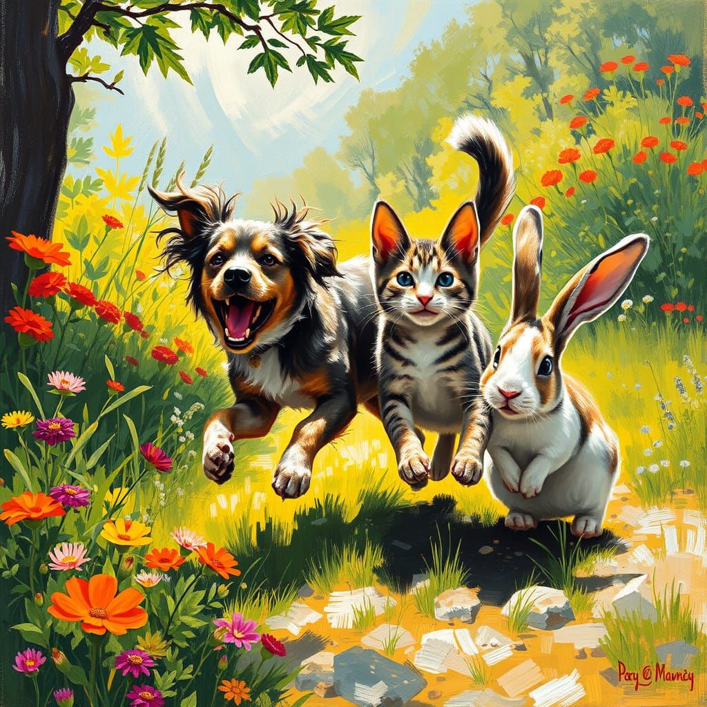 Playful Pets in a Vibrant Outdoor Scene