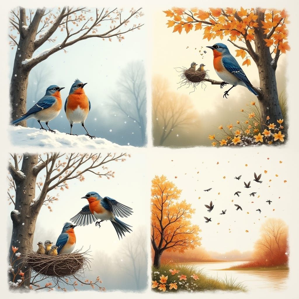 Seasonal Birds: A Harmonious Illustration in Four Panels