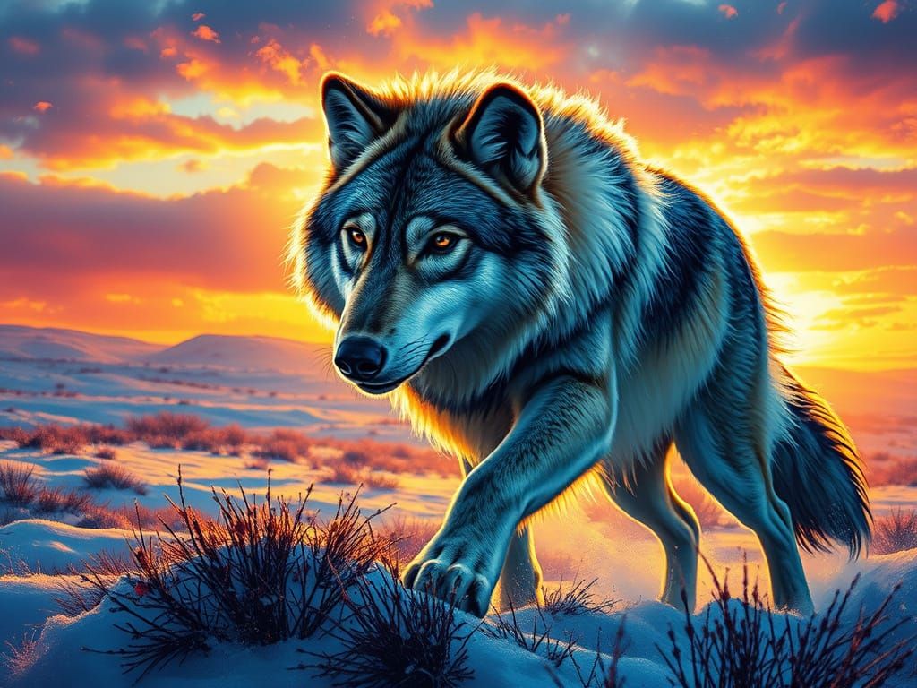 Wolf Hunting on Arctic Tundra: Hyperrealistic Splash Art