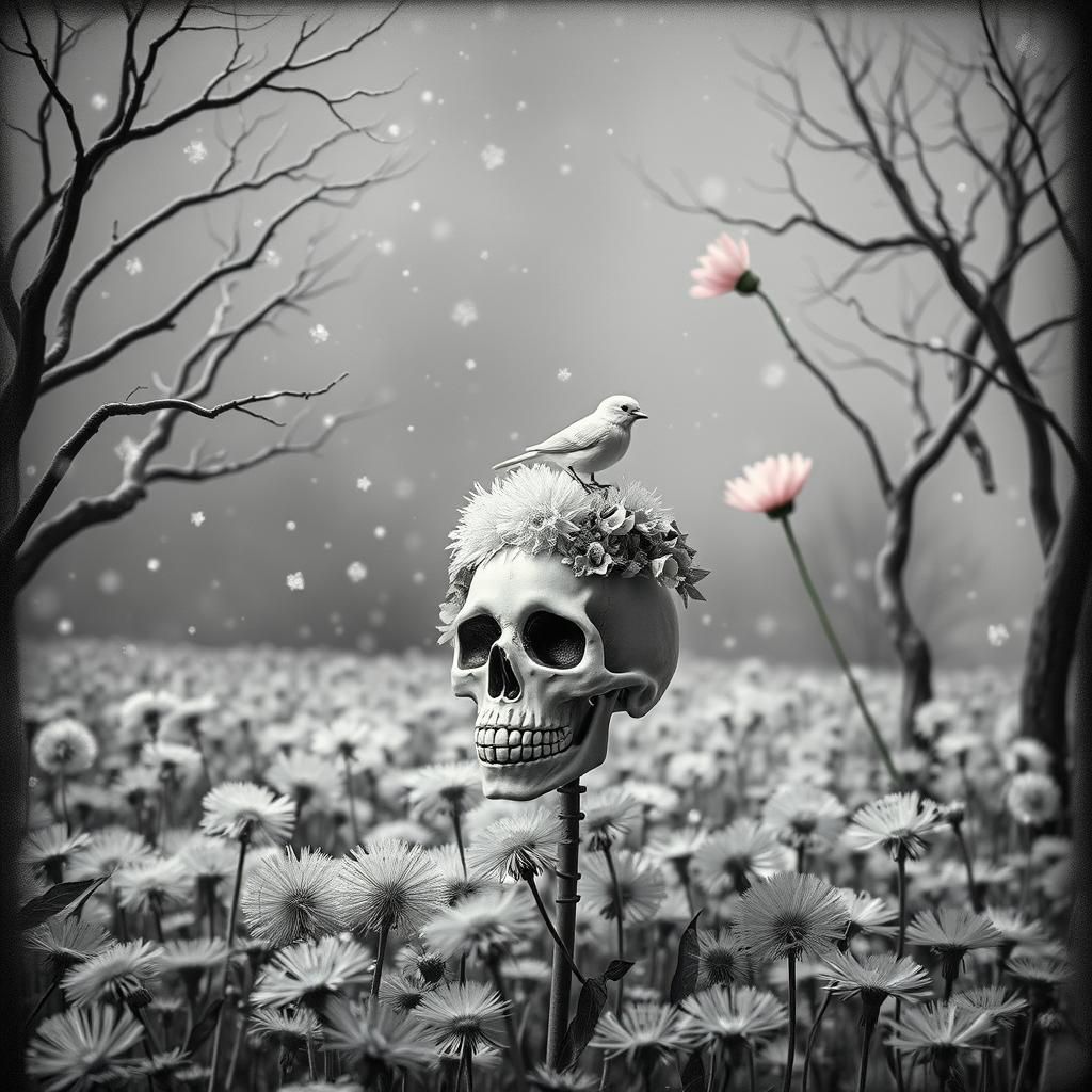 Floral La Catrina in Dandelion Dreamscape, Surreal Style