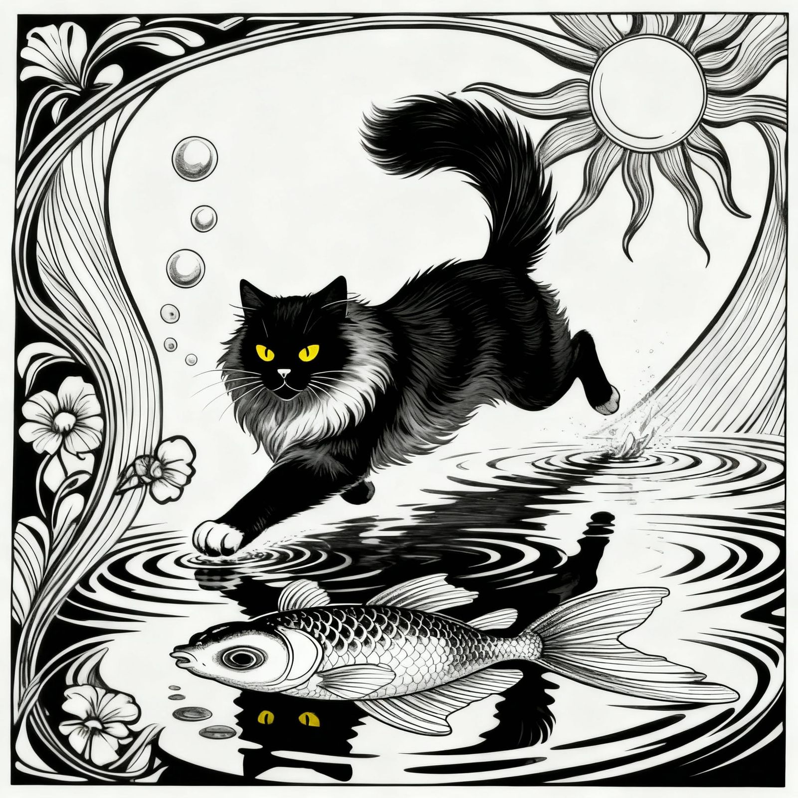 A picture of a cat chasing a fish