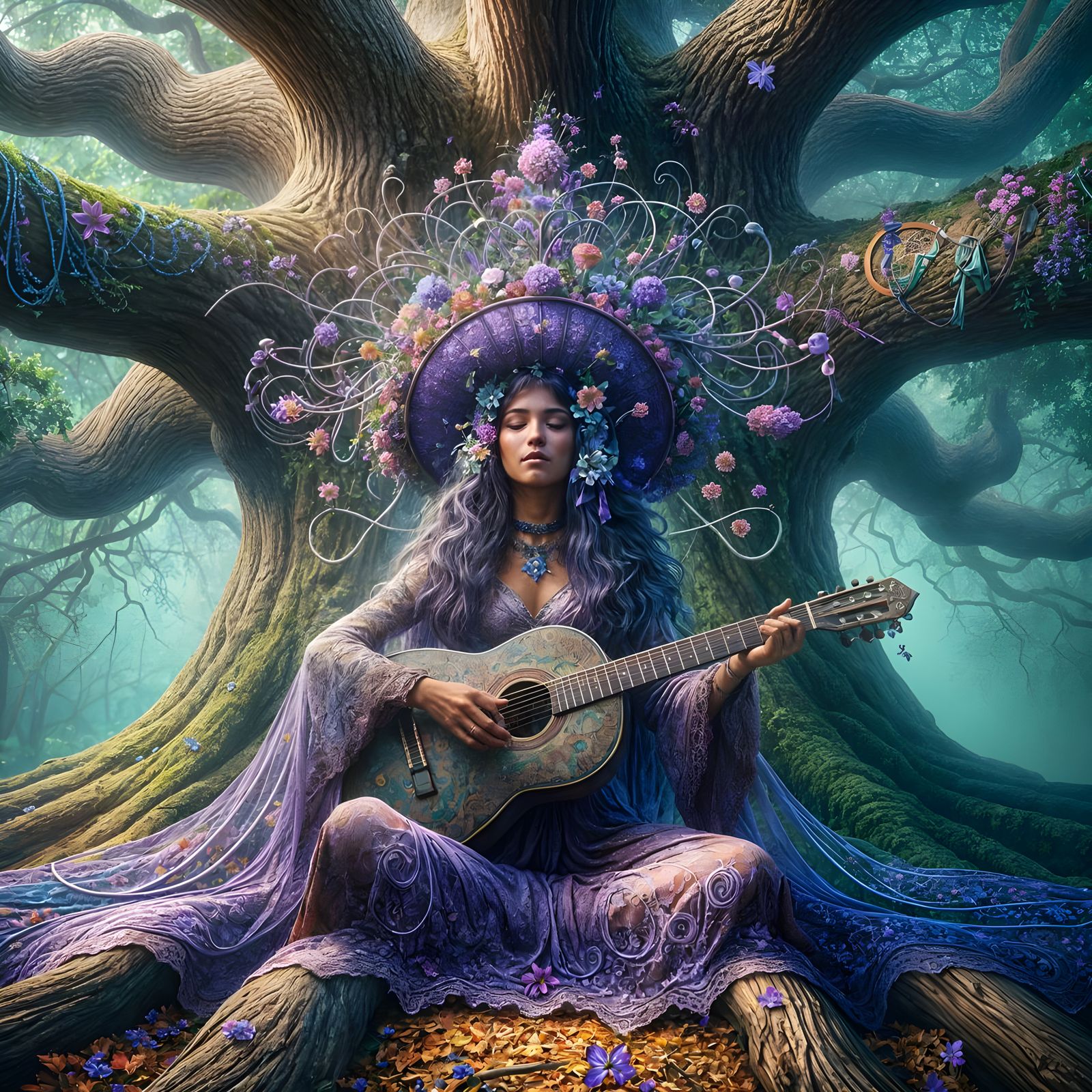 Magical South Asian Woman Playing Guitar Under Oak