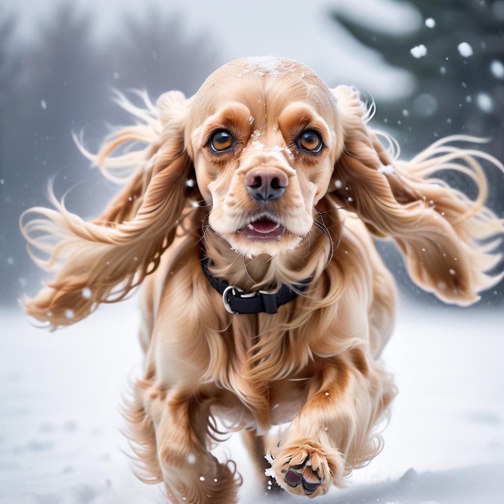 Blond Cocker Spaniel Running in Snow, Gothic-Impressionist S...