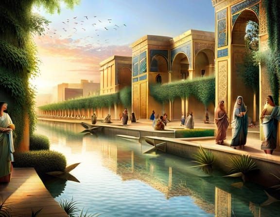 Babylonian Women in Hanging Gardens: Hyperrealistic Masterpi...
