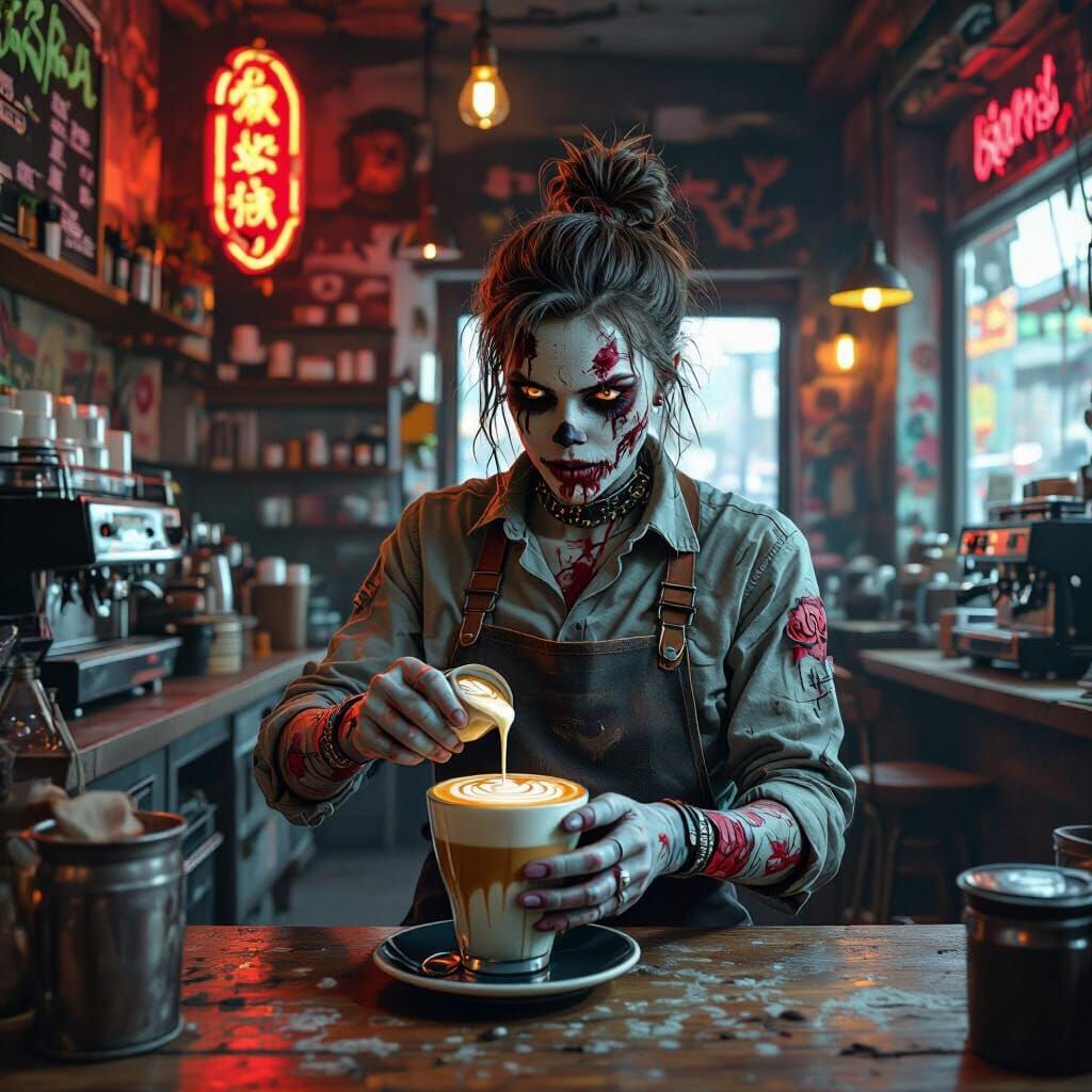 Zombie Barista Makes Brain Latte Art in Cyberpunk Cafe