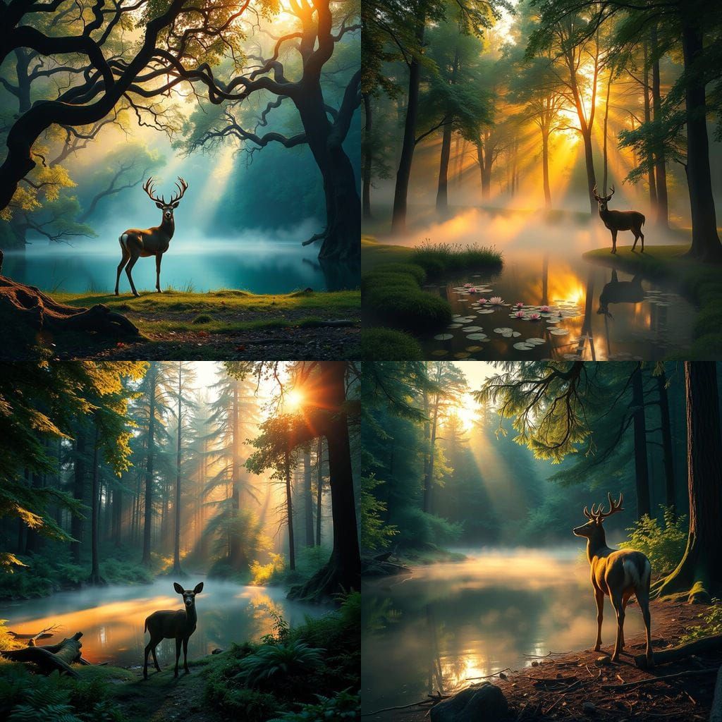 Serene Forest Scene in Whimsical Fantasy Style