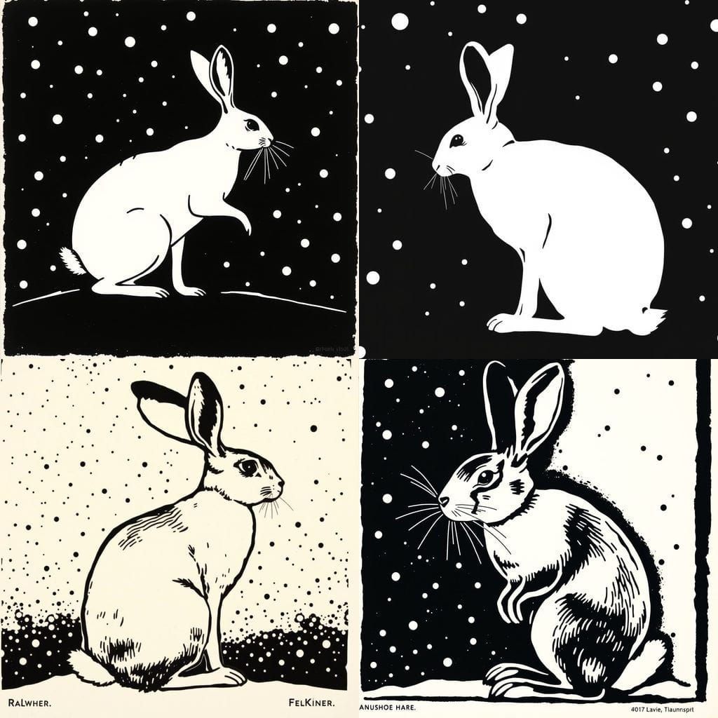 Vintage Linocut of a Snowshoe Hare in Profile