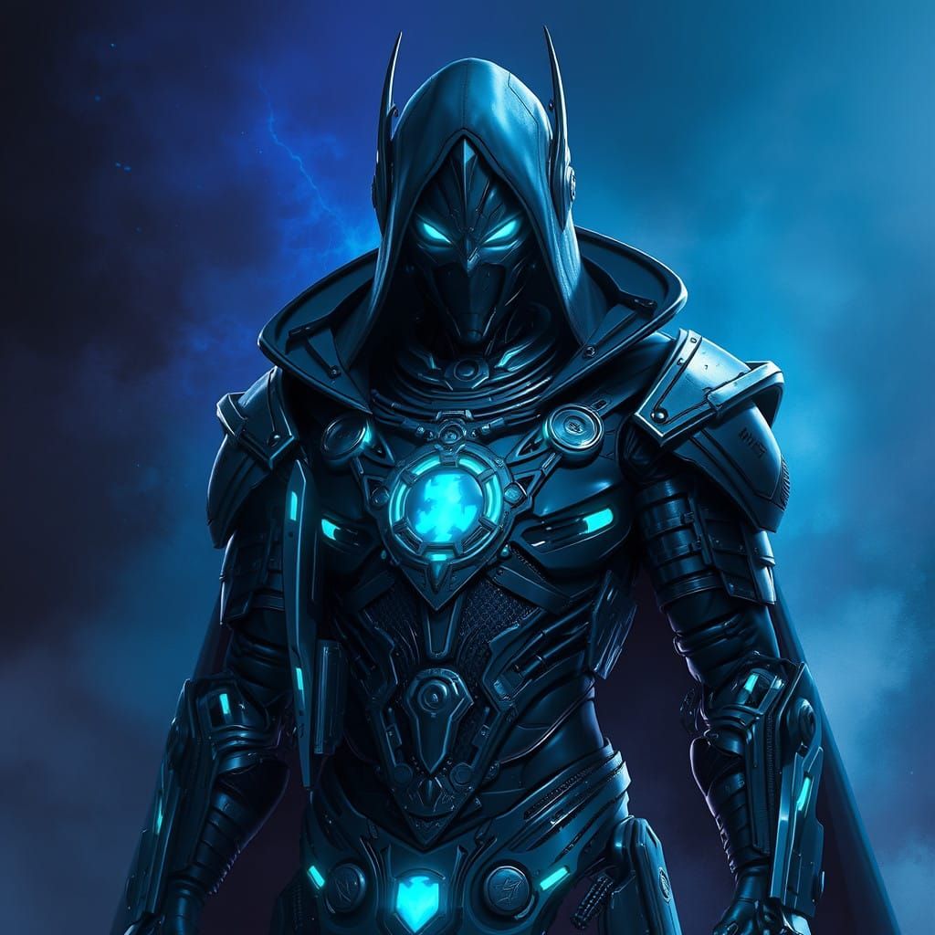 Cyborg Omen Emerges from Shadowy Fusion in Futuristic Art