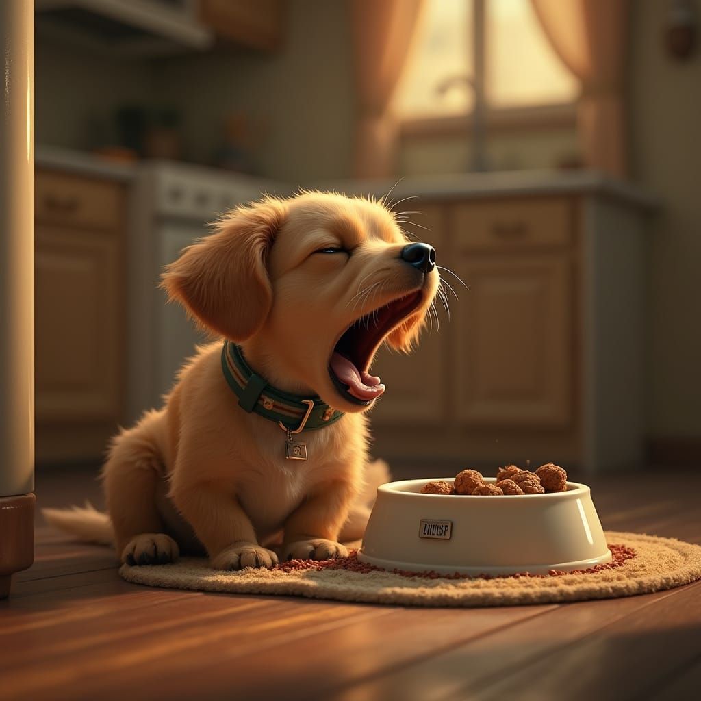 Sleepy Dog Yawning in Food Bowl, Golden Hour Kitchen