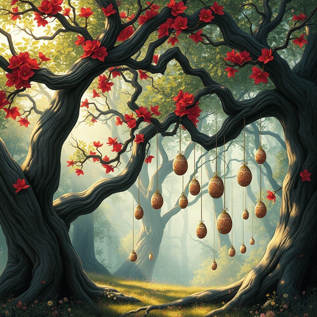 Whimsical Forest Glade with Twisted Trees and Vibrant Flower...