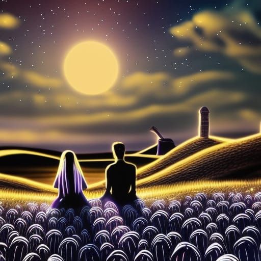 Fantasy Landscape: Couple, Piano, Fireflies, Moonlight