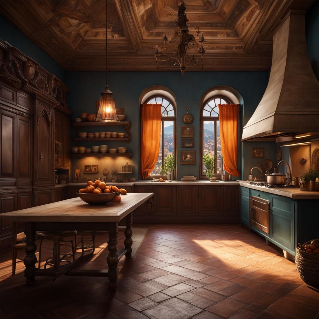 Italian House Interior with Classic Kitchen, Detailed Painti...