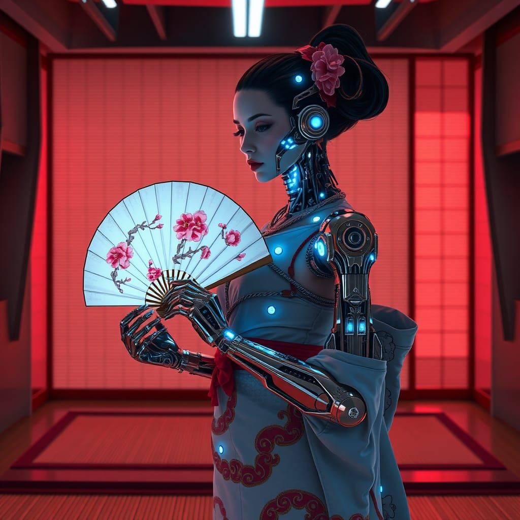 Cybernetic Geisha with Fan in Neo-Tokyo Interior