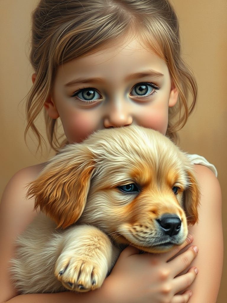 Girl and Golden Retriever Puppy Portrait