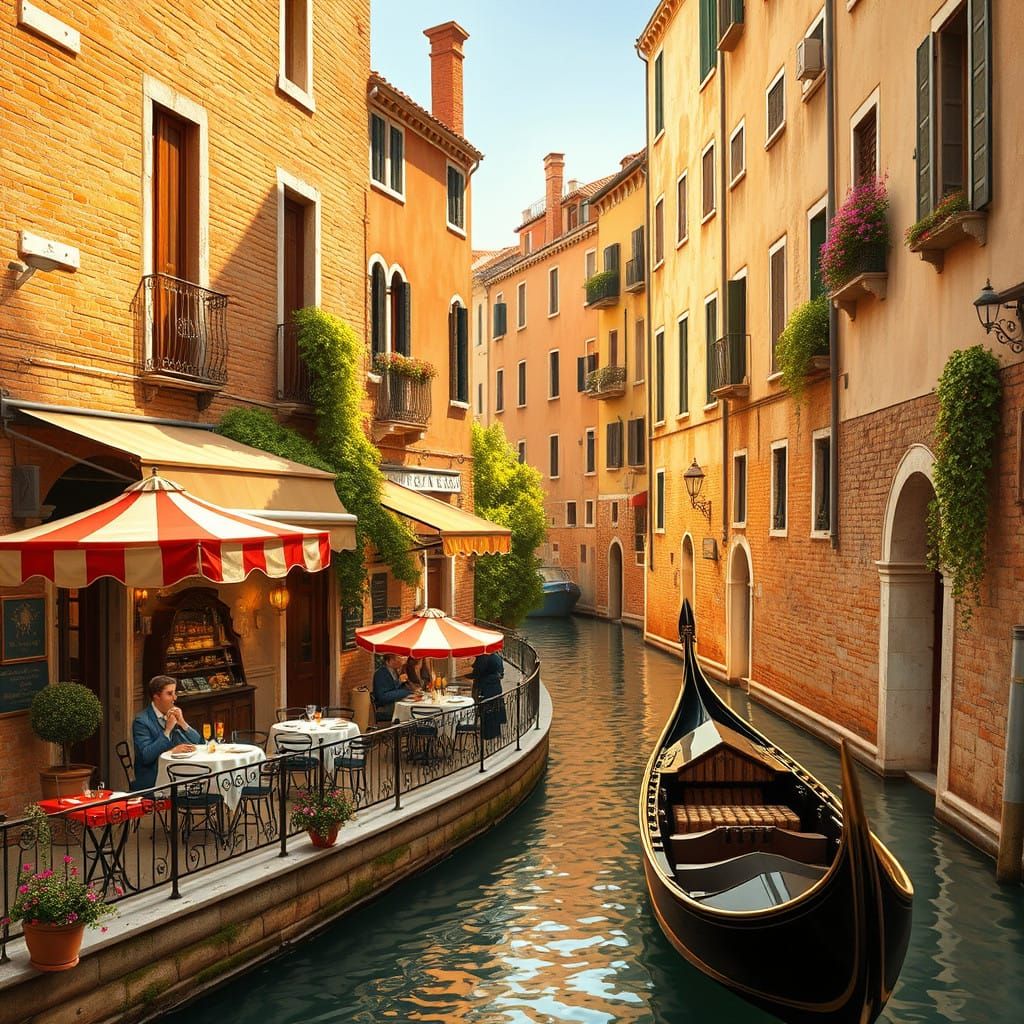 Charming Venice Bistro in Golden Light with Whimsical Detail...