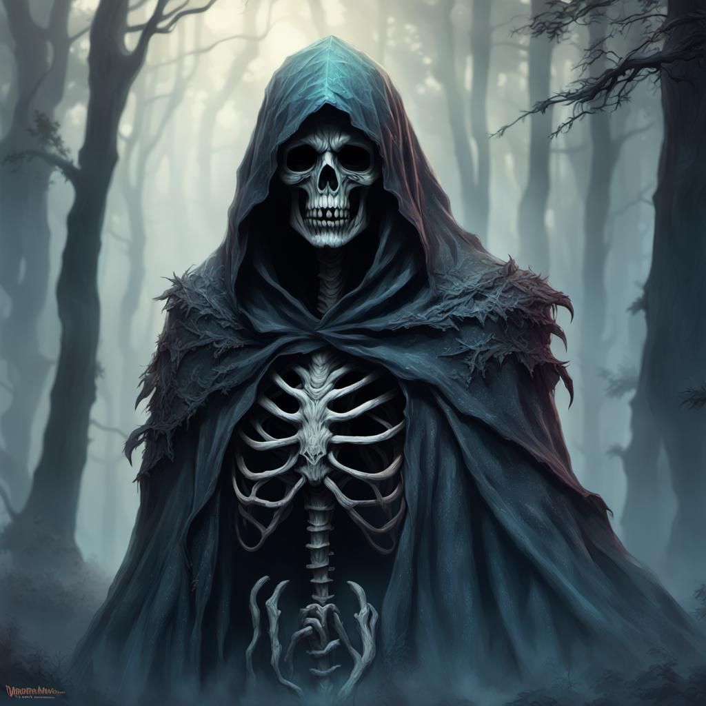 Mysterious Skeletal Figure in Misty Forest