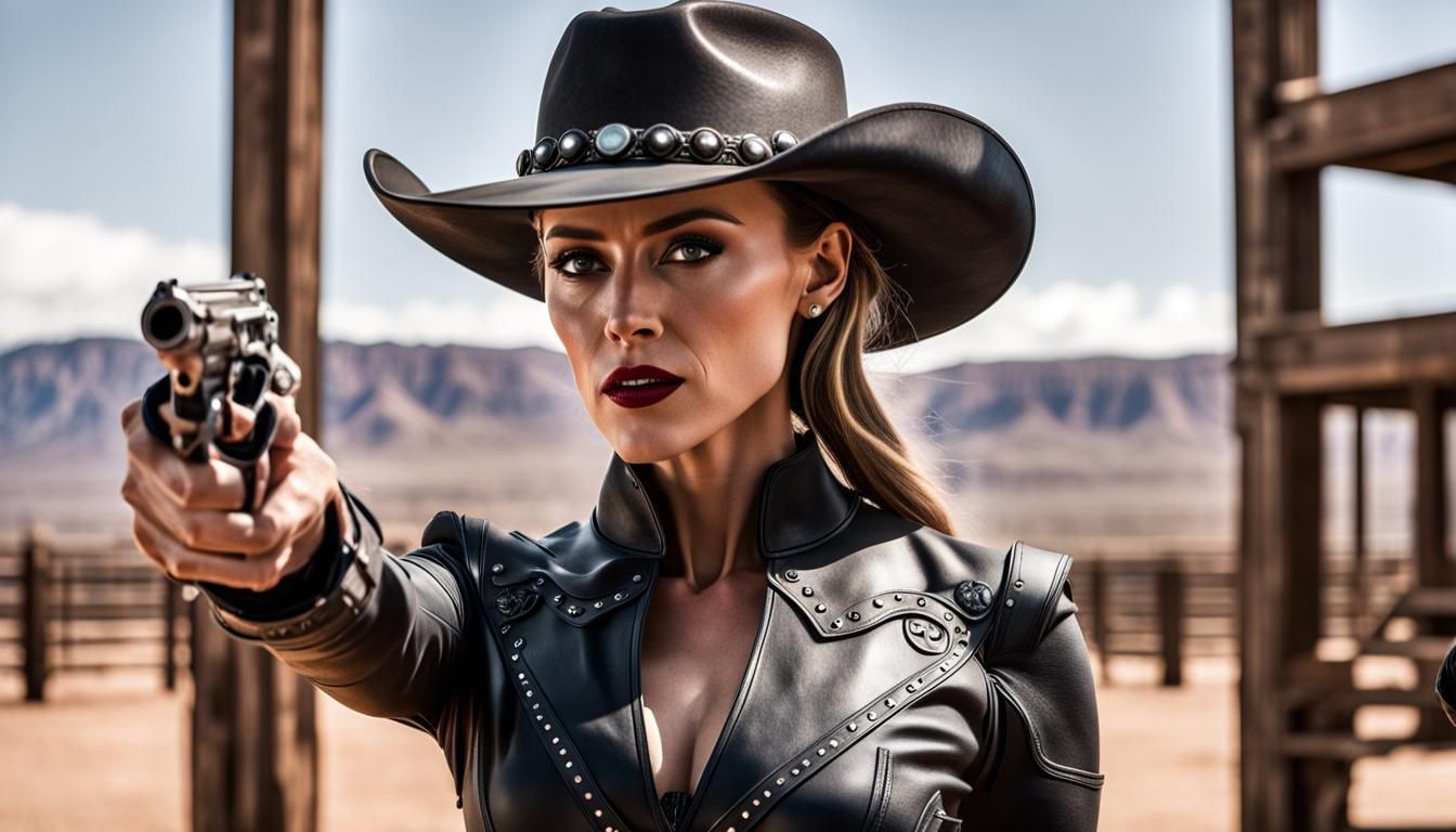 Cyberpunk Cowgirl Duel in the Westworld Style