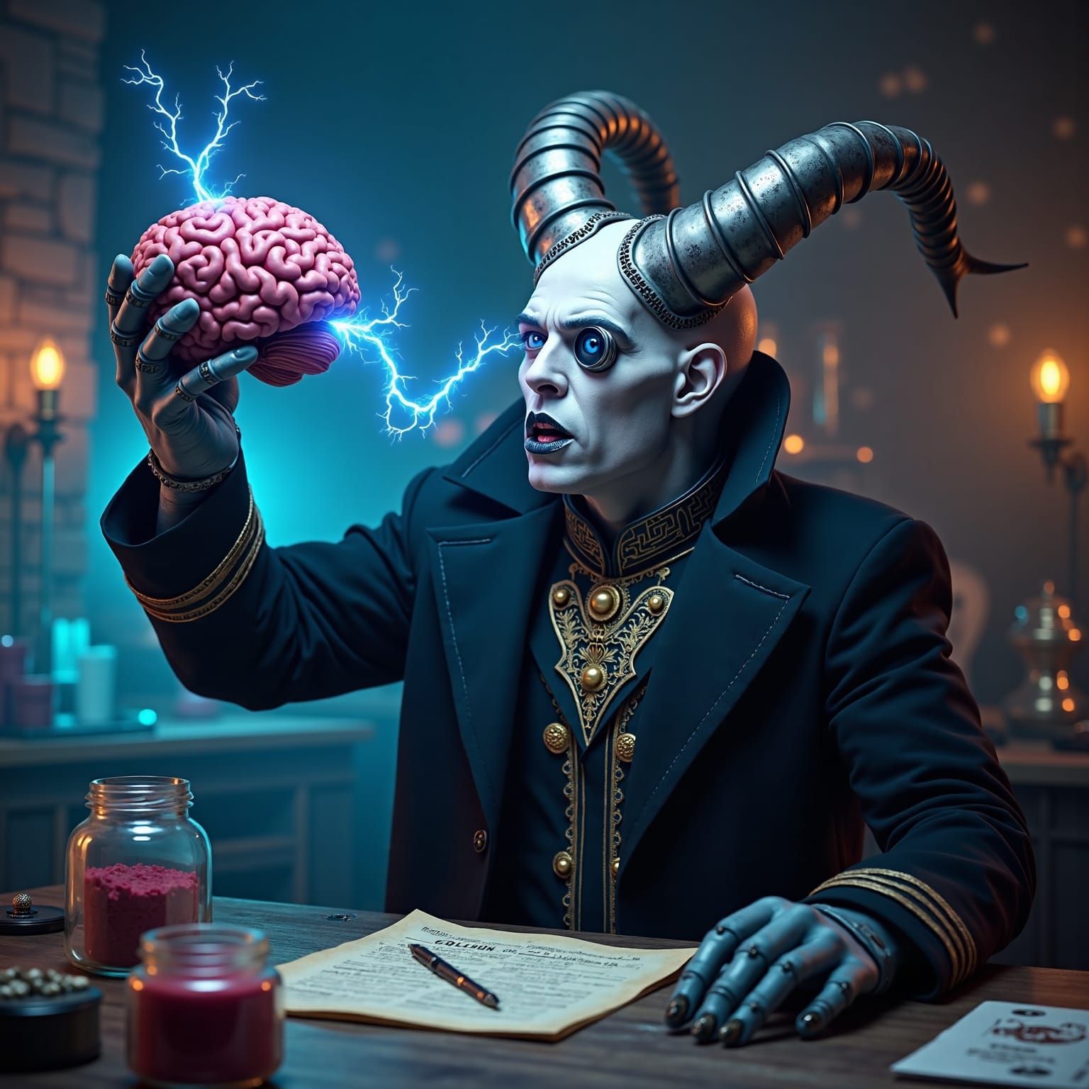 Cybernetic Demon with Tesla Coils in Dark Lab