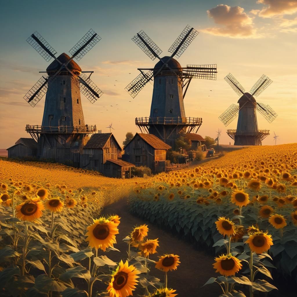 Windmills and Sunflowers at Sunset: Fantasy Concept Art