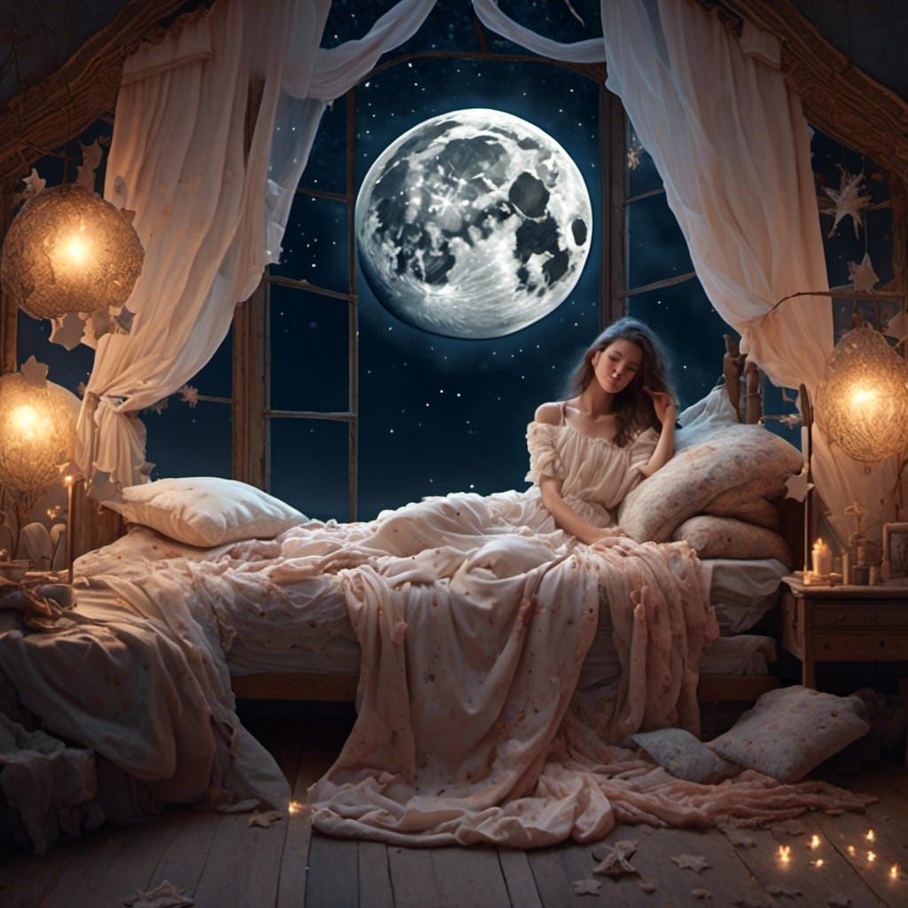 Hyperrealistic Woman Sleeping Under the Moon