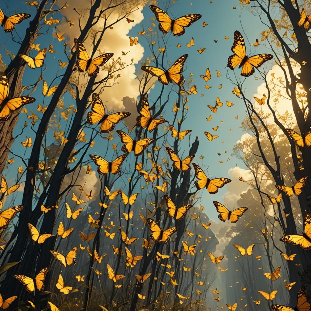 Monarch Butterflies Follow Cursor in Dreamlike Landscape