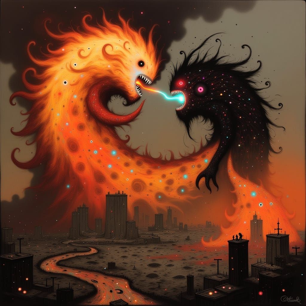 Apocalyptic Battle of Fiery Titans in Dark Fantasy Realm